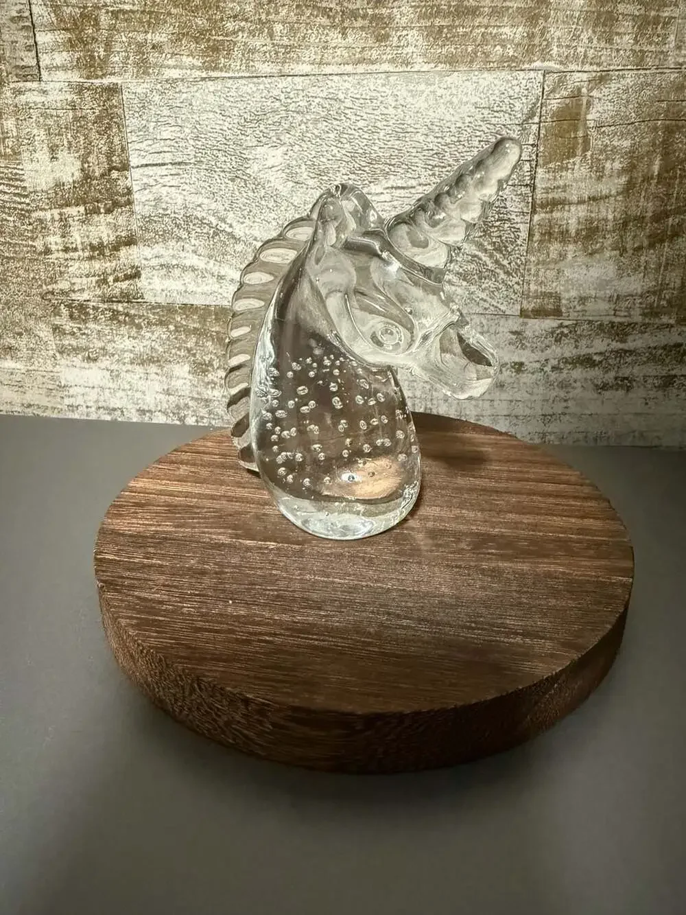 Vintage Clear Art Glass Unicorn Head Paperweight Figurine with Controlled Bubble
